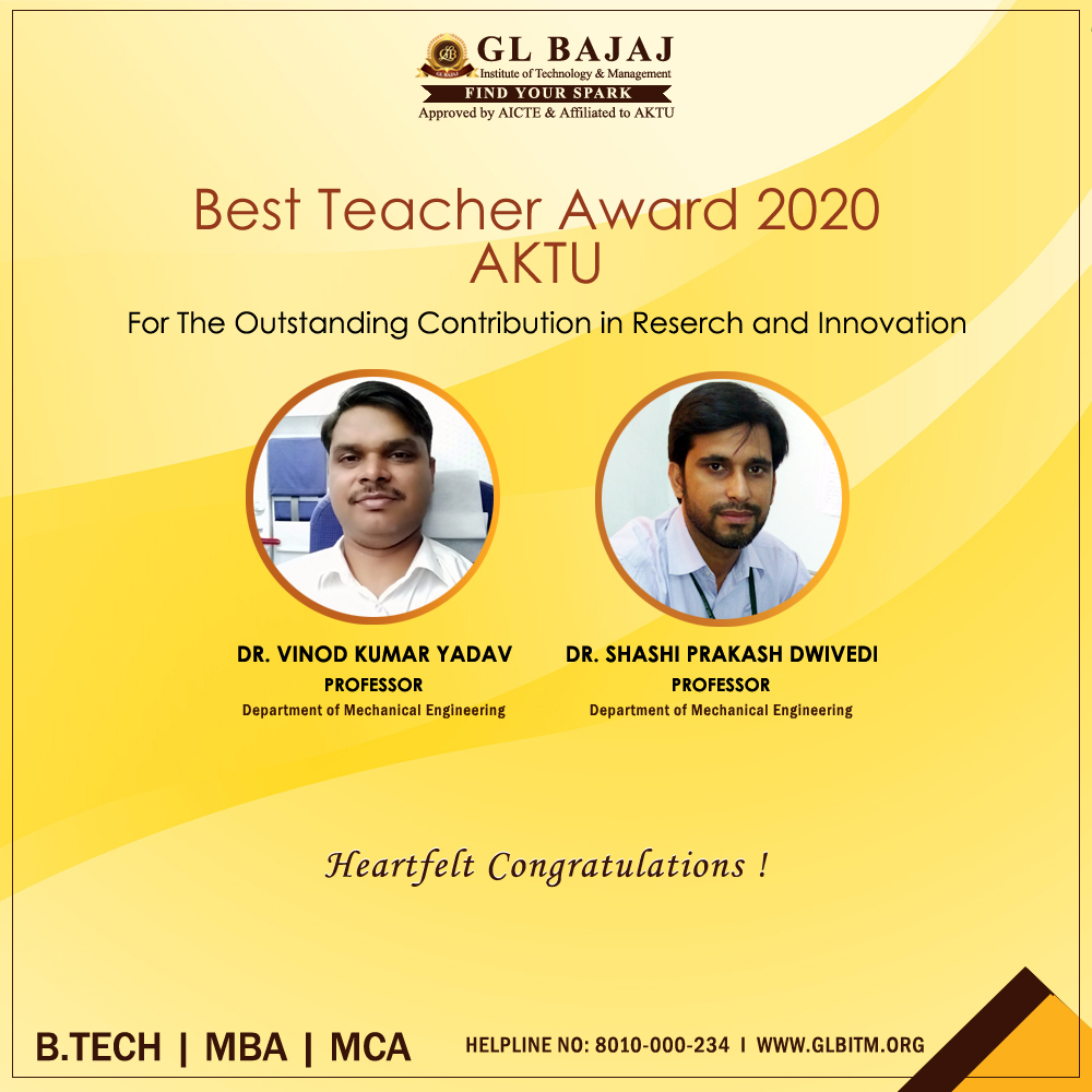 Two Professors of GL Baja have received the Best Teacher Award 2020 by AKTU.