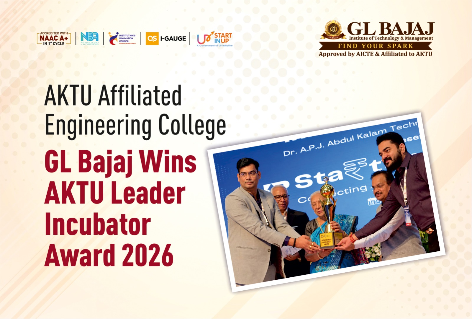 GL Bajaj, an AKTU Affiliated Engineering College, Receives Leader Incubator Award 2026